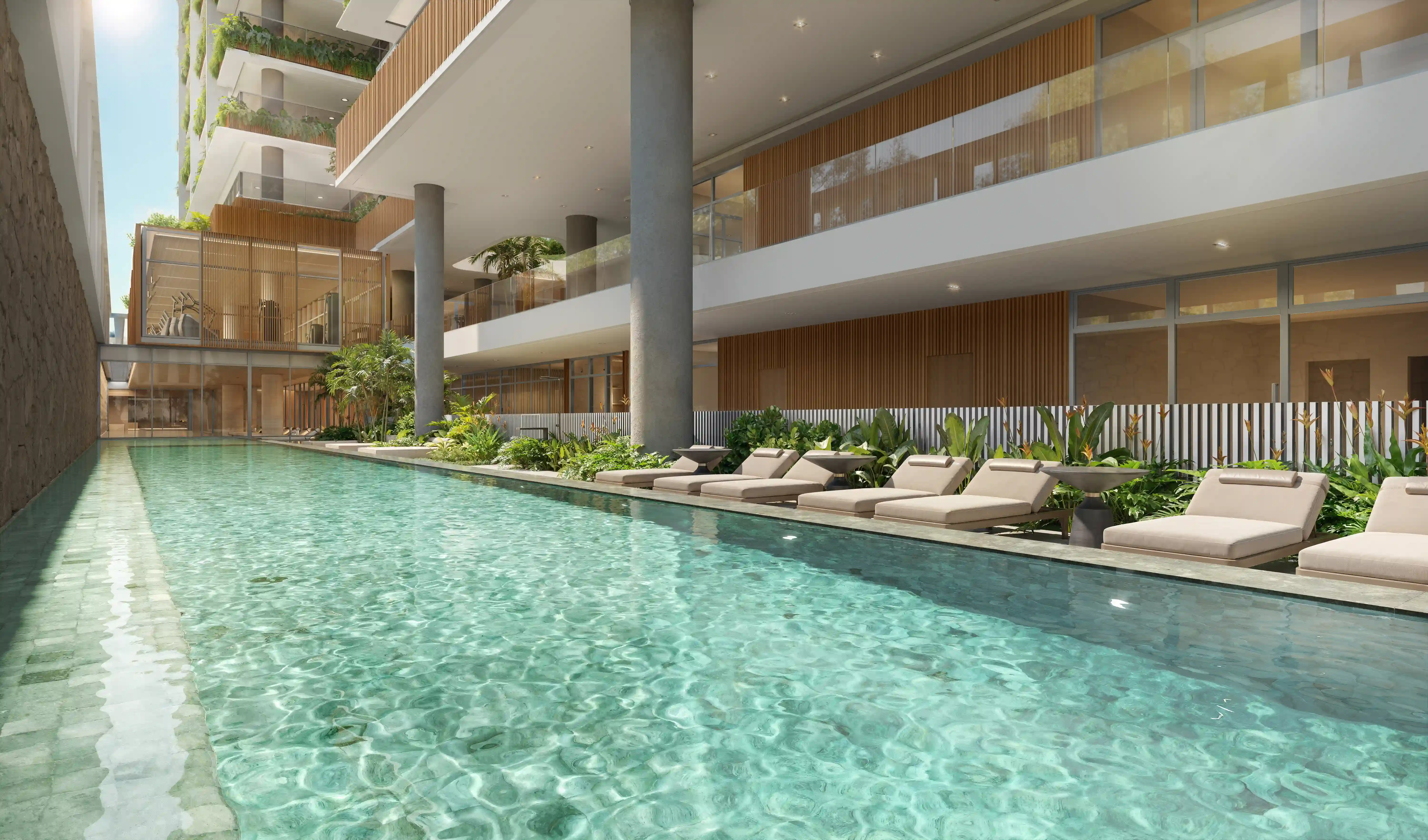 Renderização da piscina descoberta do GranOscar Ibirapuera, com área de descanso.