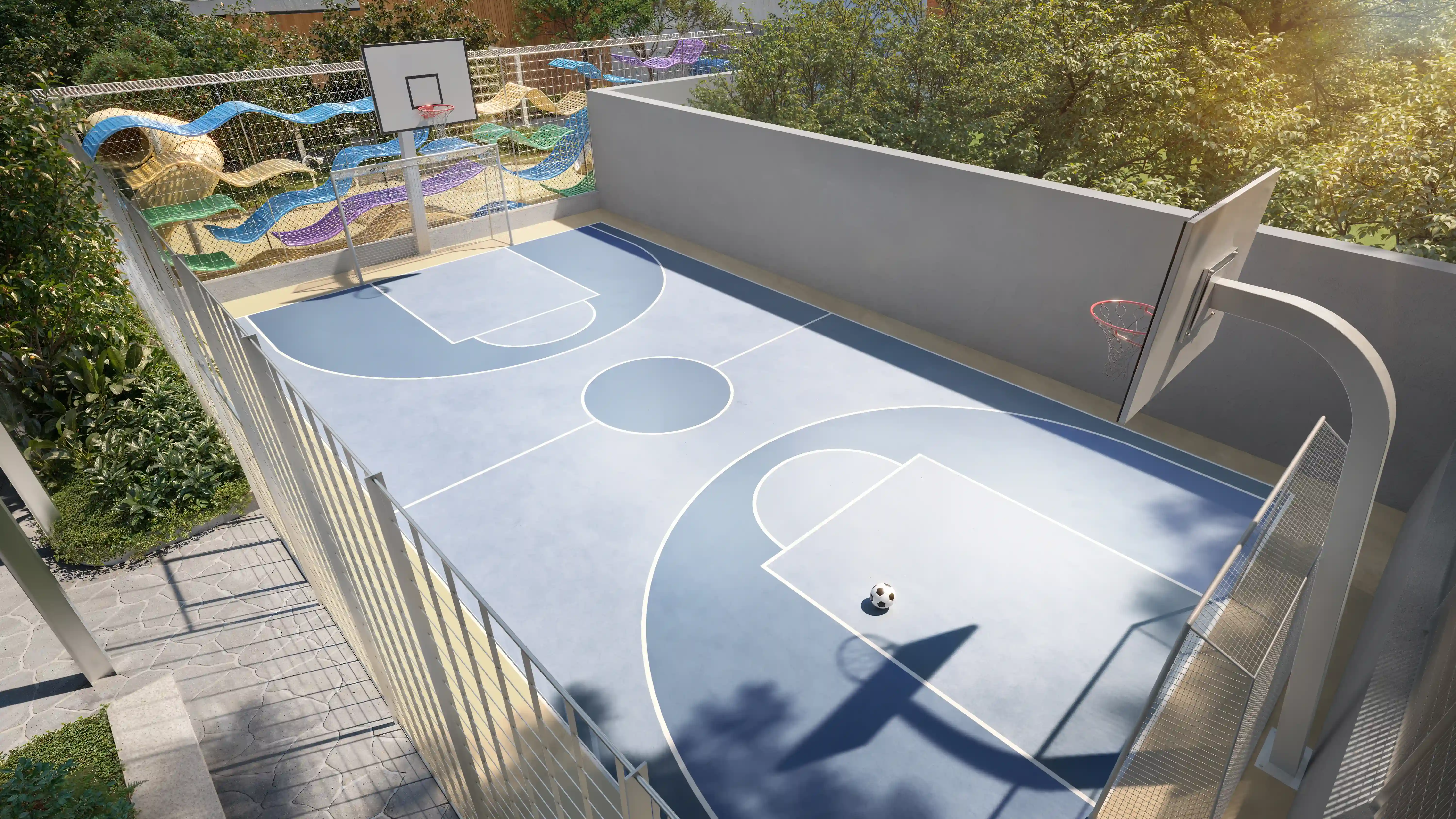 Renderização da quadra poliesportiva recreativa do GranOscar Ibirapuera.