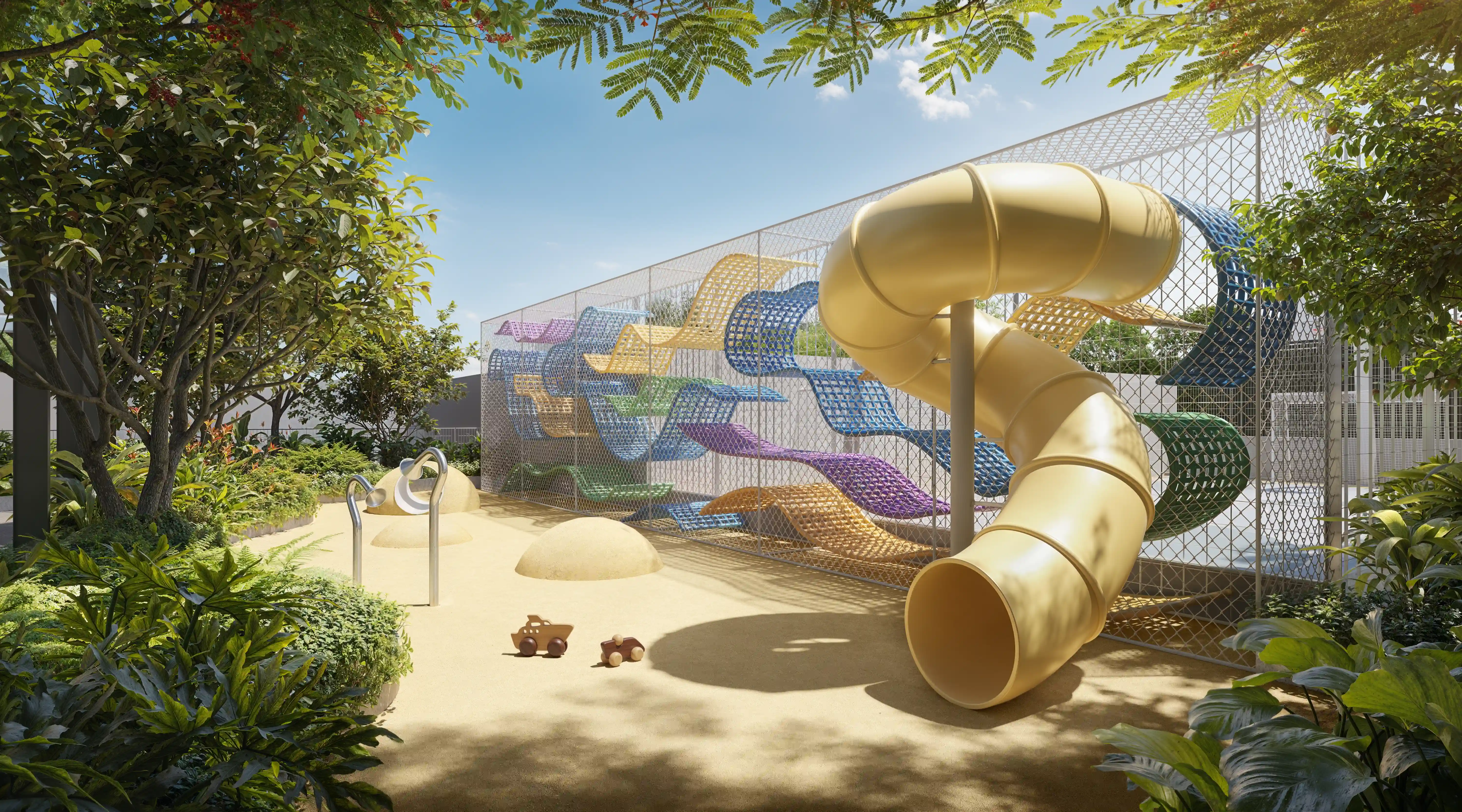 Renderização do playground infantil do GranOscar Ibirapuera com brinquedos de madeira.