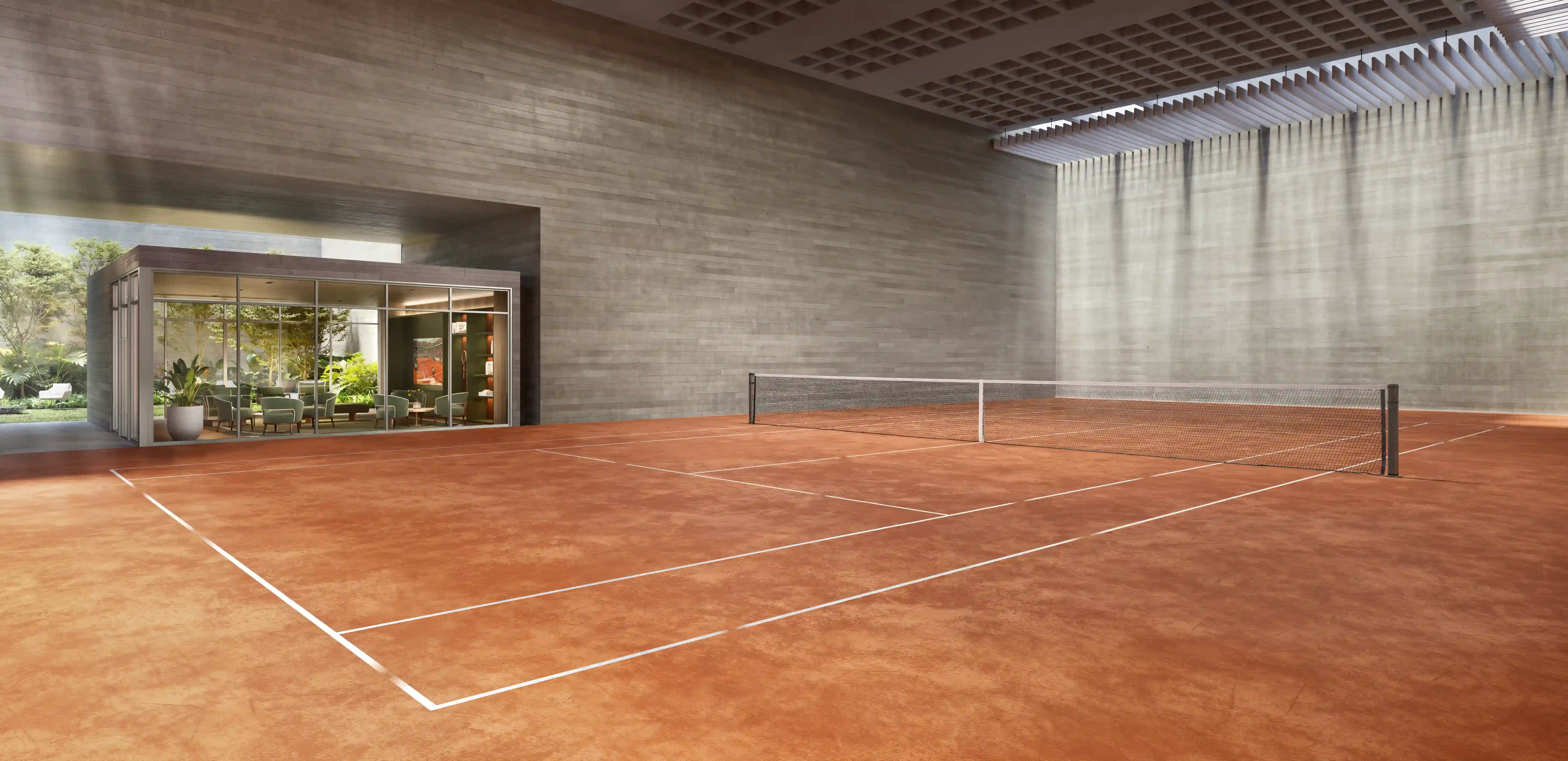Renderização da quadra de tênis de saibro do GranOscar Ibirapuera.