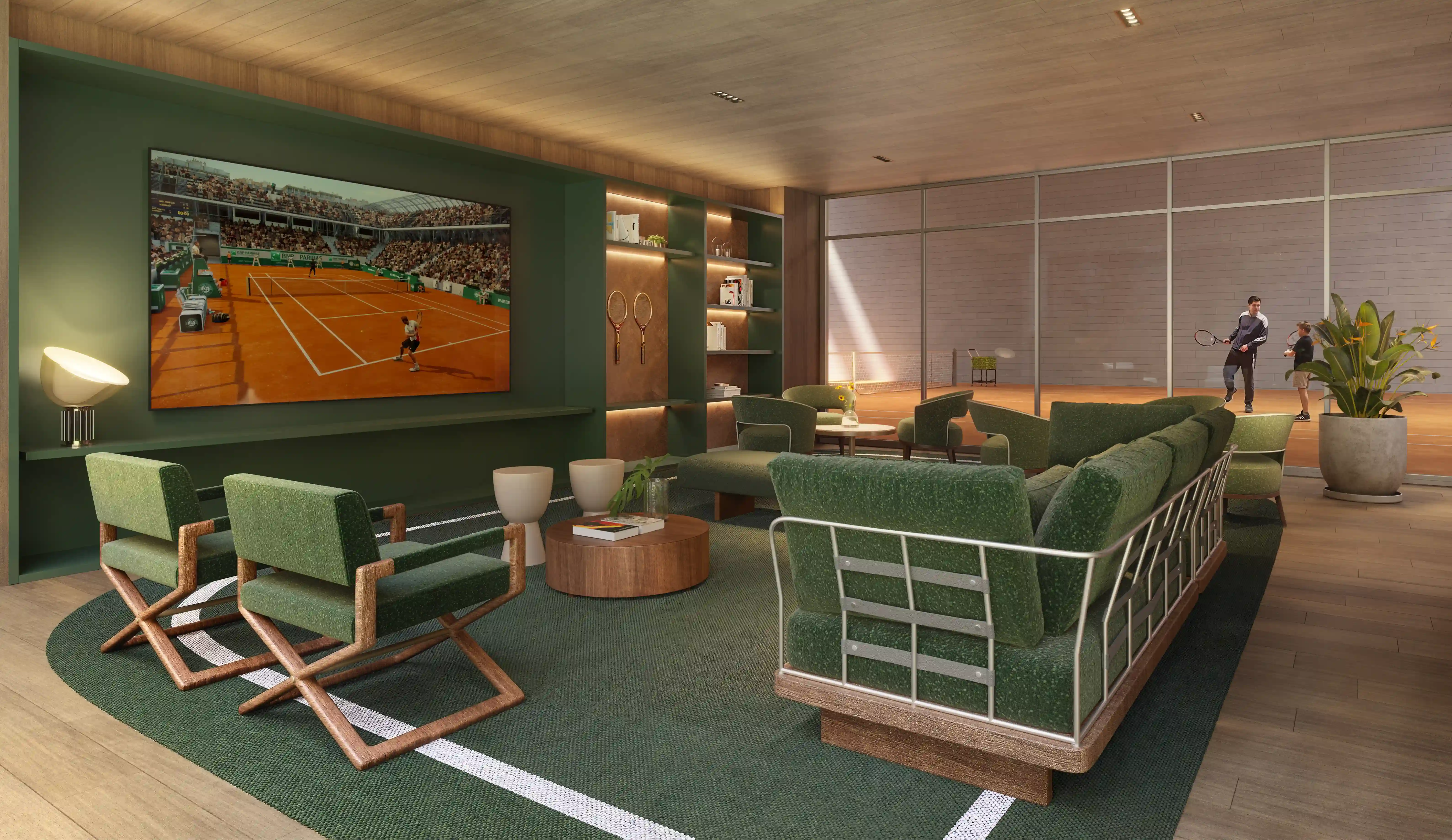 Renderização do lounge da quadra de tênis do GranOscar Ibirapuera.