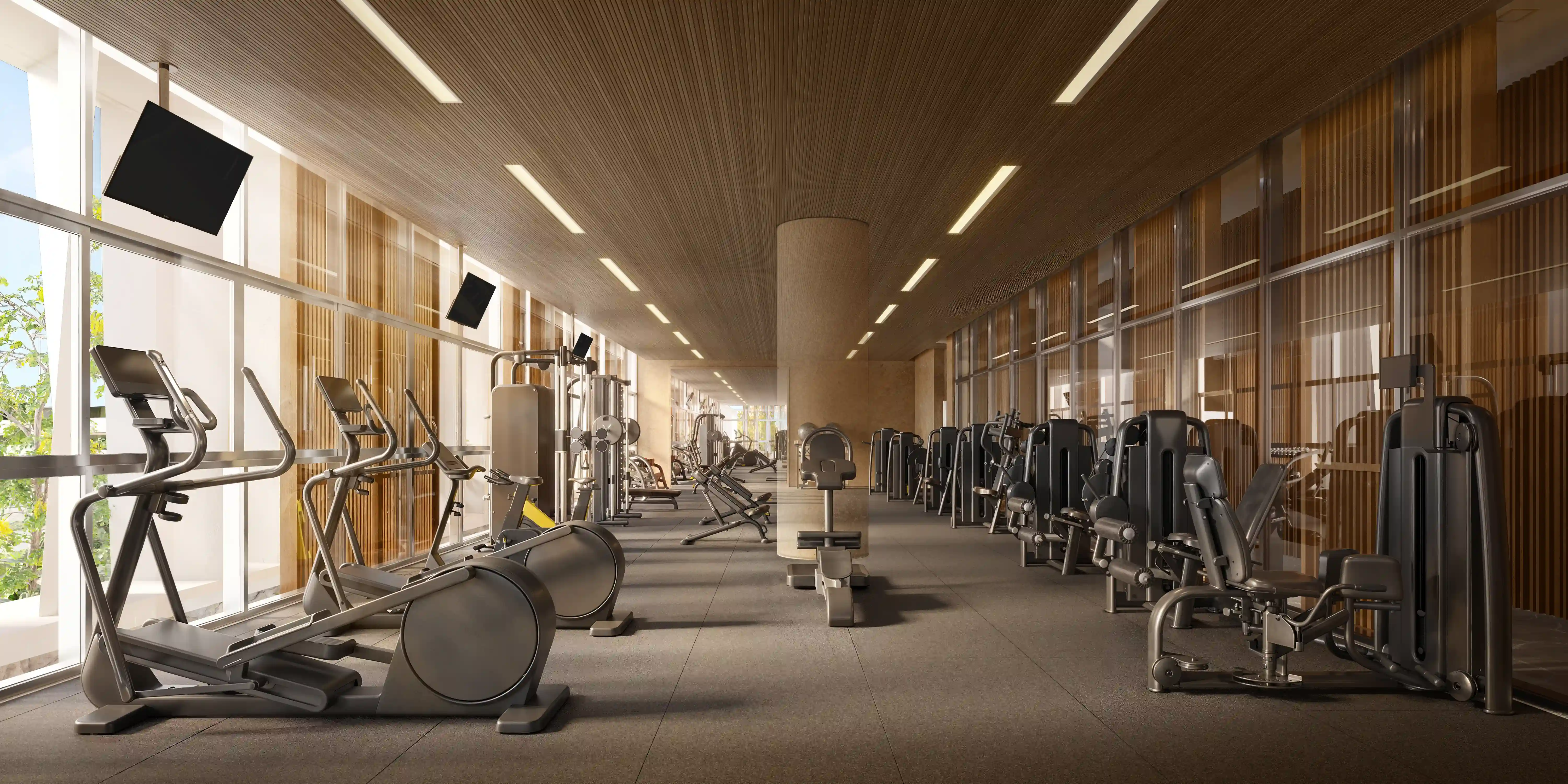 Renderização do espaço fitness (academia) do GranOscar Ibirapuera, com equipamentos modernos.
